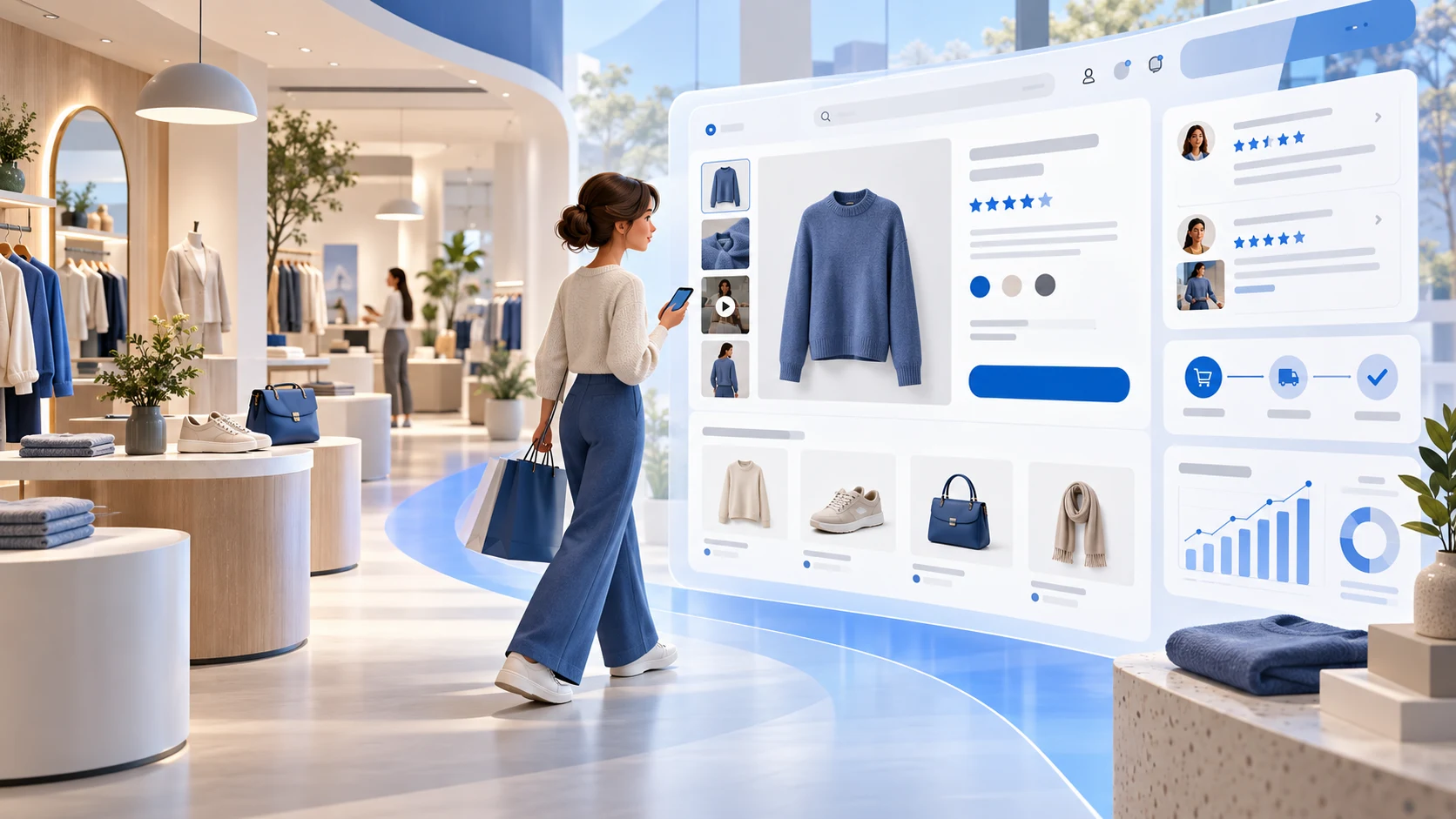 Cliente utilisant une boutique en ligne depuis un commerce physique pour consulter les produits et préparer son achat.
