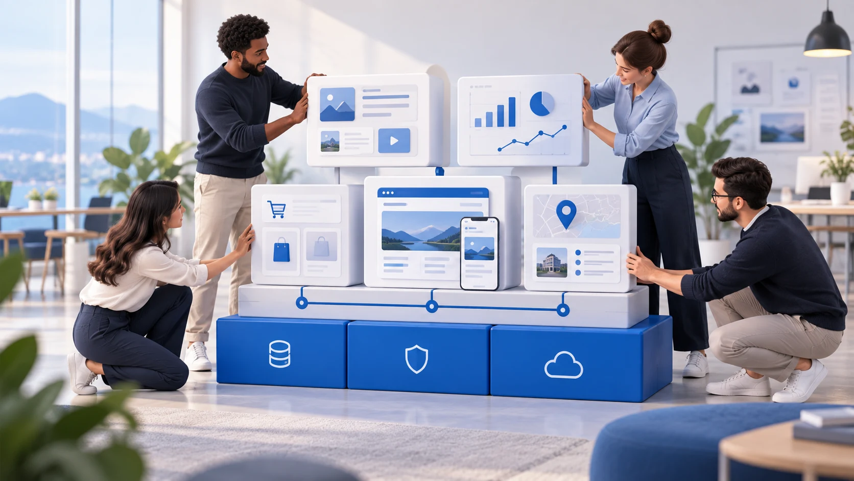 Équipe construisant les fondations d’une présence digitale avec un site internet, une boutique en ligne, des outils de mesure et une présence locale.