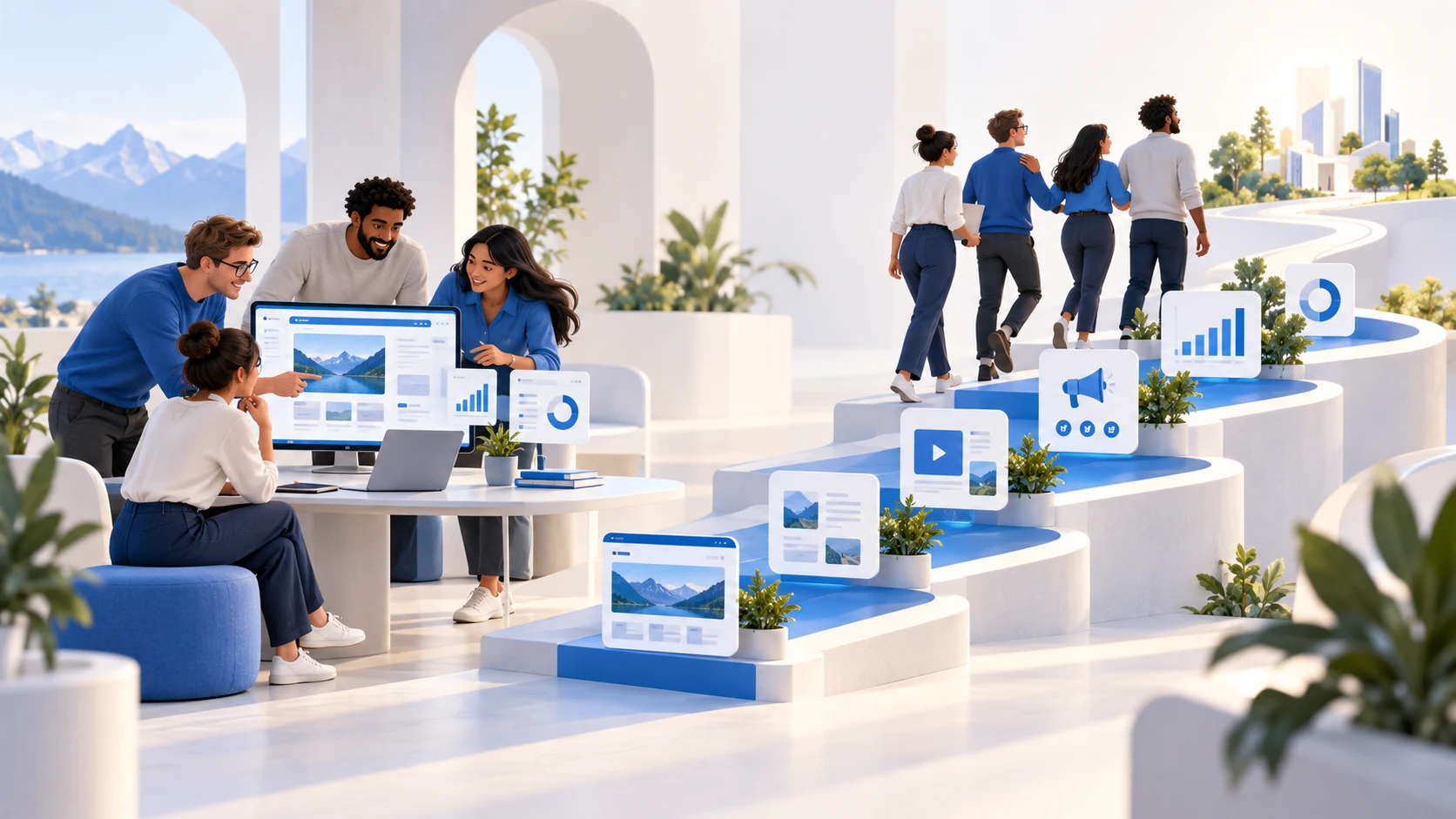Équipes partenaires faisant évoluer ensemble une stratégie digitale à travers différentes étapes de croissance.