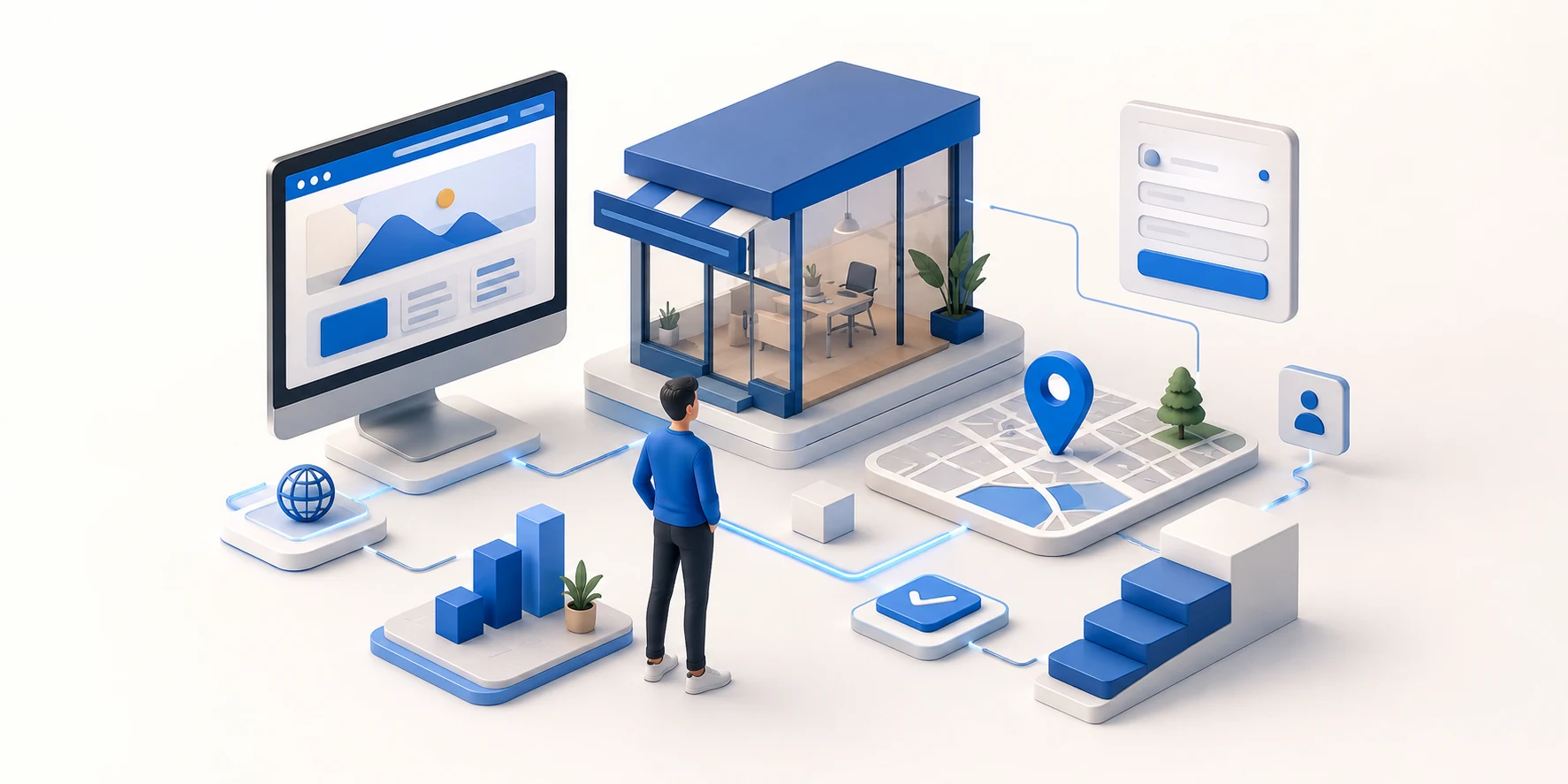 Illustration représentant un entrepreneur construisant les fondations digitales nécessaires au lancement de son activité.