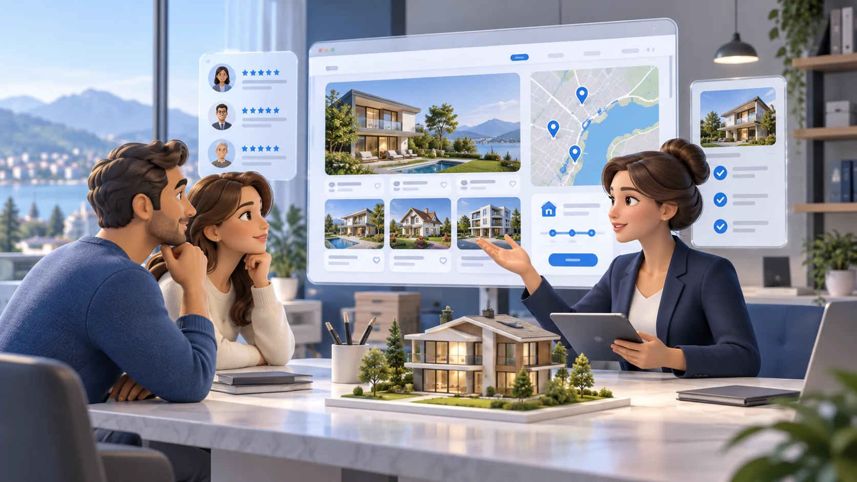Propriétaires échangeant avec une professionnelle de l’immobilier autour d’un site présentant des biens et des demandes d’estimation.