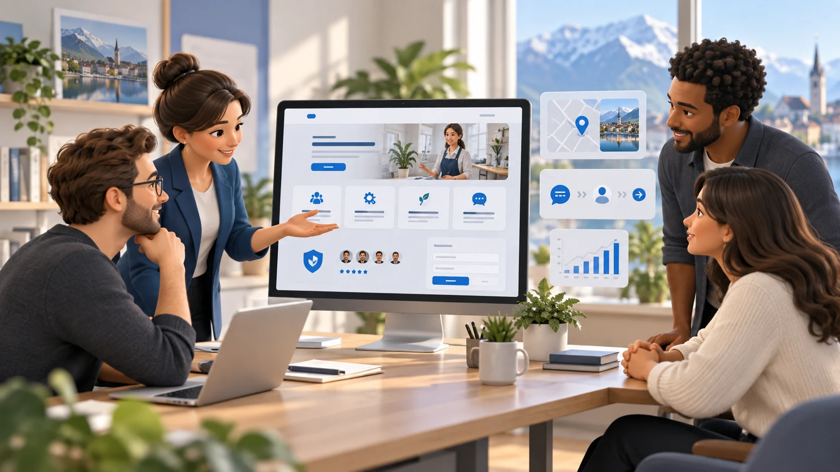 Équipe d’une PME présentant ses services et sa stratégie digitale à des clients autour d’un site internet professionnel.