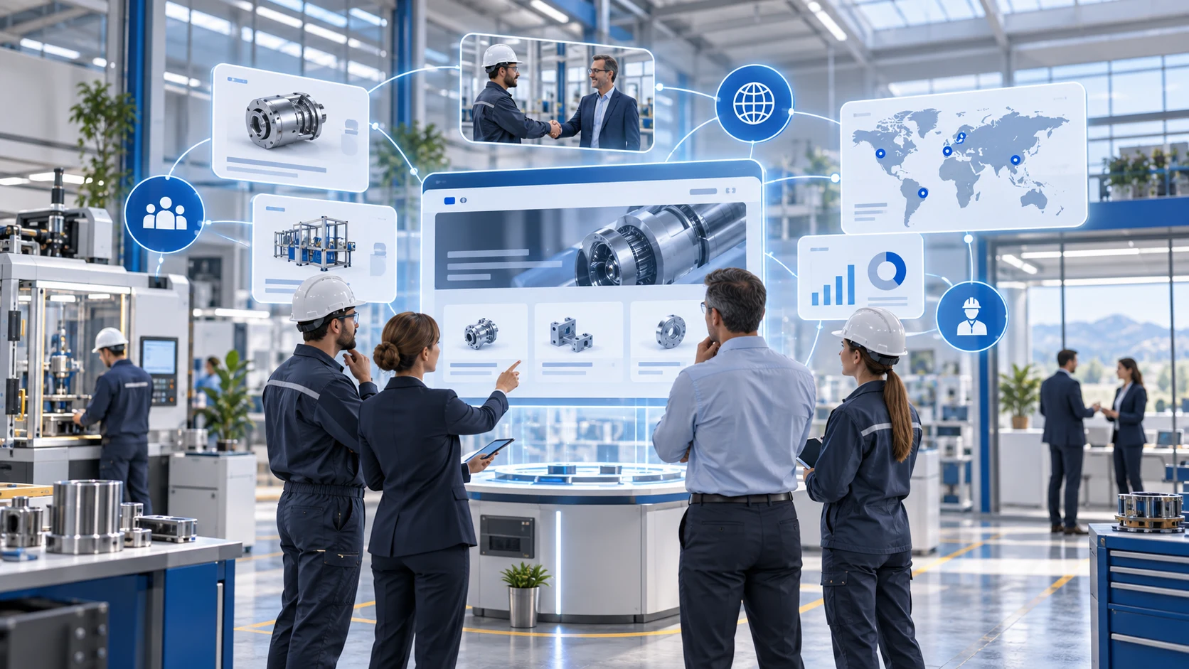 Équipe industrielle utilisant des outils digitaux pour présenter son expertise, analyser ses marchés et développer ses activités B2B.