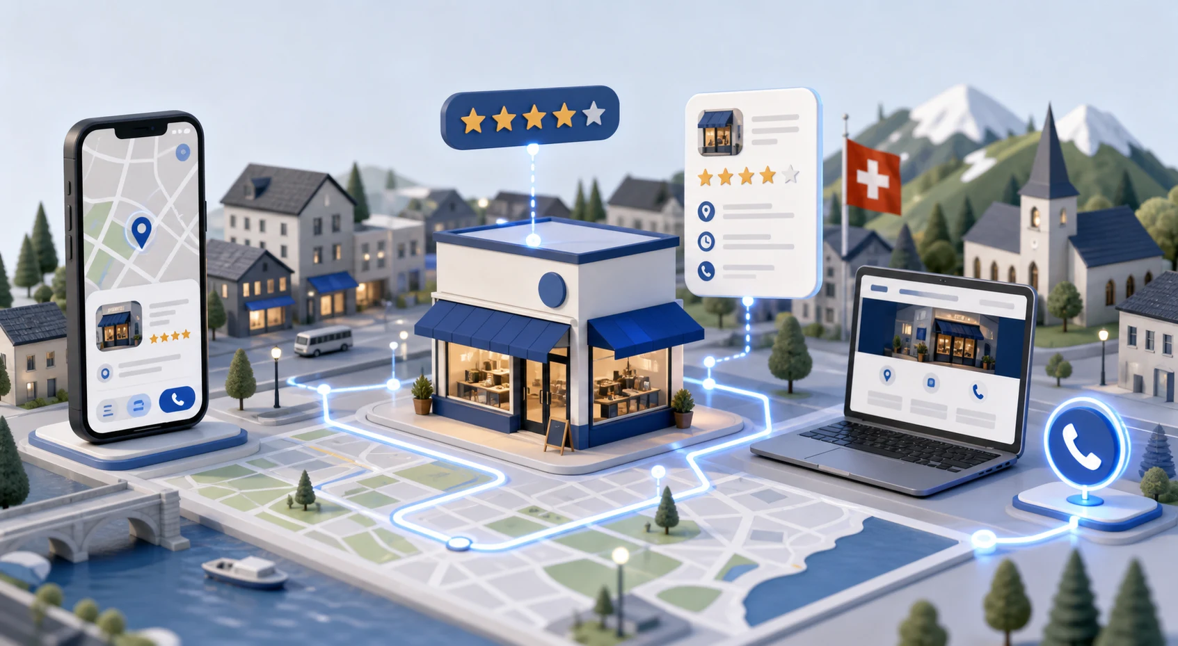 Illustration d’un commerce suisse développant sa visibilité locale grâce à Google Maps, aux avis clients et à son site internet.